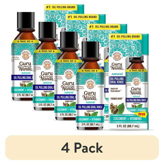 (4 pack) GuruNanda Oil Pulling with Cocomint & Essential Oils & Vitamins D, E, K2 - Travel Size - 3oz