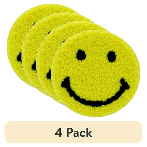 (4 pack) Gwen Studios Chenille Yellow Smiley Face Iron-on Patch Applique, 3.6"
