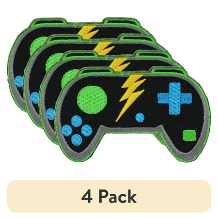 (4 pack) Gwen Studios Embroidered Black Game Controller Iron-on Patch Applique, 3.2" x 2.1"