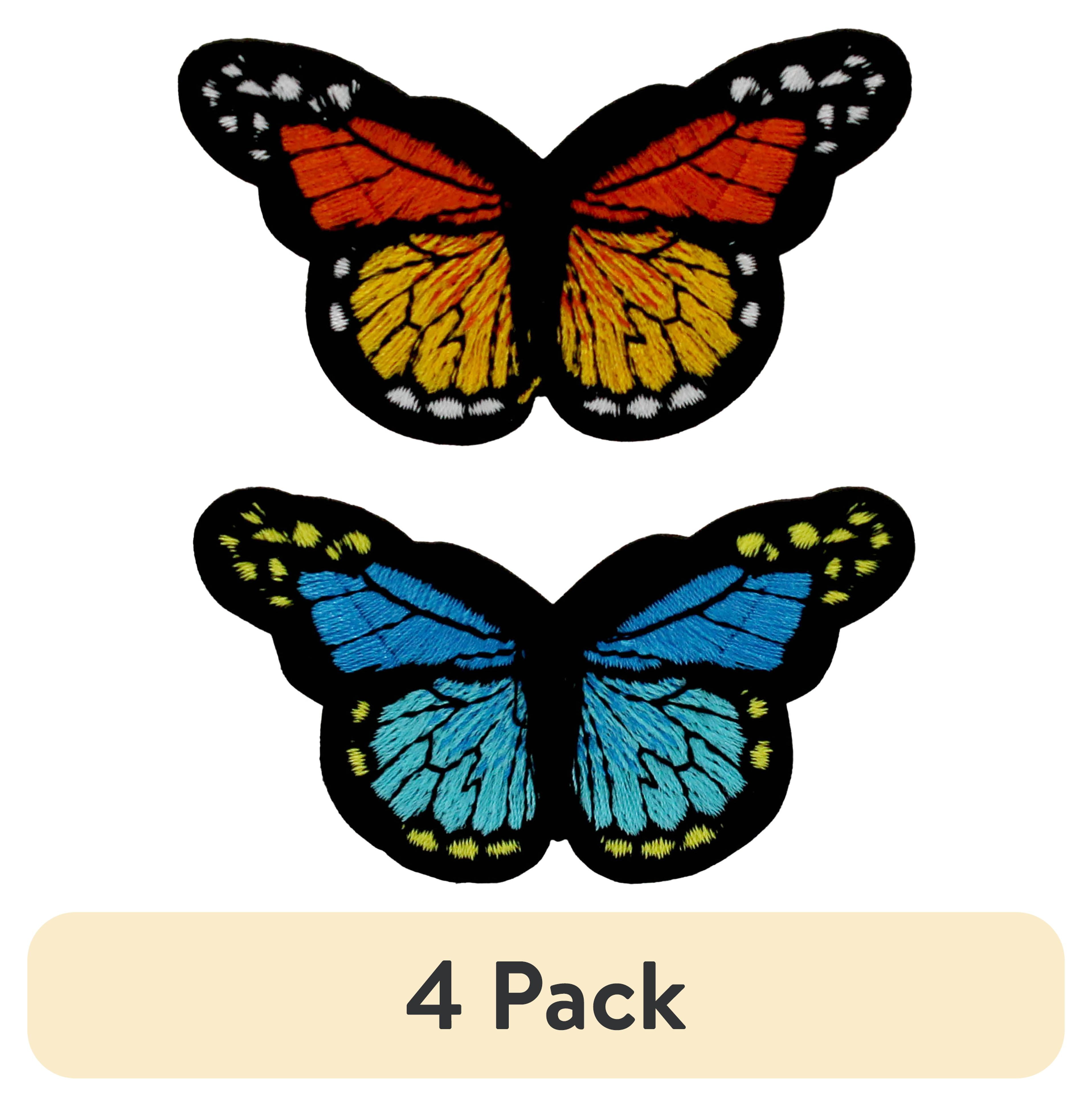 (4 pack) Gwen Studios Embroidered Blue and Orange Butterfly Iron-on Patch Appliques, 3" x 1.7", 2PC