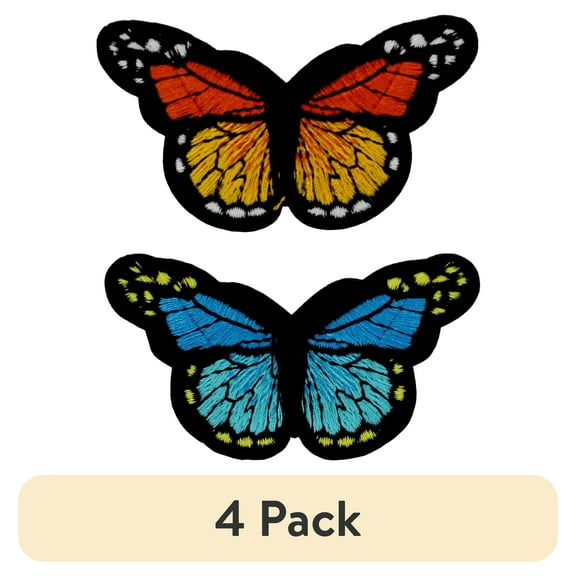(4 pack) Gwen Studios Embroidered Blue and Orange Butterfly Iron-on Patch Appliques, 3" x 1.7", 2PC