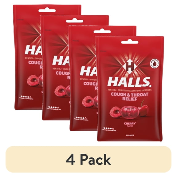 (4 pack) HALLS Cough and Throat Relief Cherry Cough Drops, 30 Drops