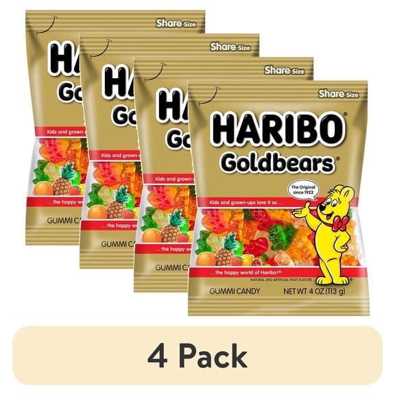 (4 pack) HARIBO Goldbears Gummy Bears Original Assorted Fruit Flavor Candy Gummies, 4 oz, Share Size Bag