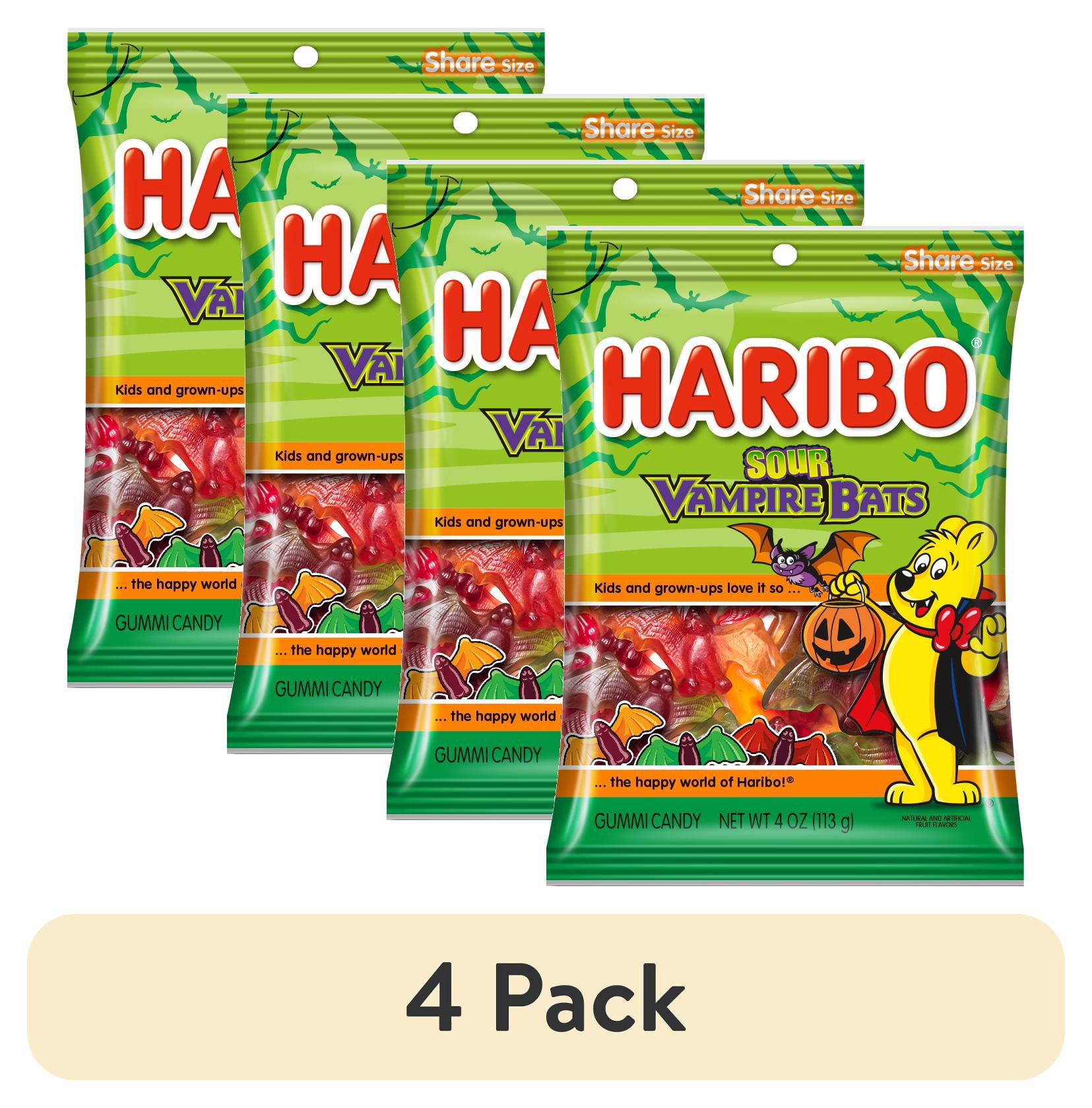(4 pack) HARIBO Sour Bats Halloween Edition Gummies Bat Shaped Sour Gummy Candy, 4oz, Share Size Peg Bag