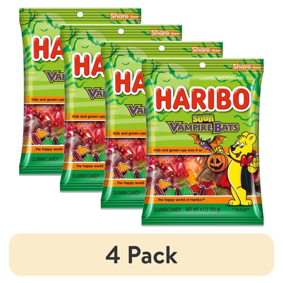 (4 pack) HARIBO Sour Bats Halloween Edition Gummies Bat Shaped Sour Gummy Candy, 4oz, Share Size Peg Bag