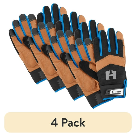 (4 pack) HART Leather Palm Work Gloves, 5-Finger Touchscreen Capable, Size Large Safety Workwear Gloves