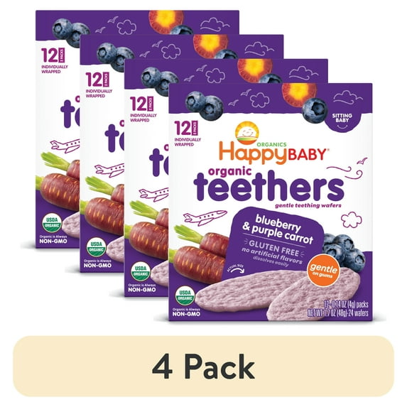 (4 pack) Happy Baby, Baby Wafers, Gluten Free, Blueberry & Purple Carrot, 12-2 packs (24 Wafers)