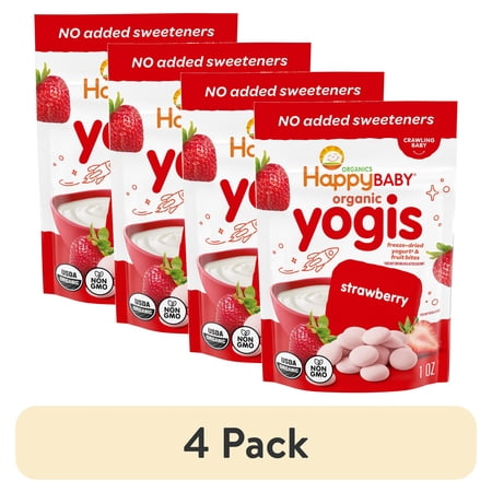 (4 pack) Happy Baby Organics Yogis Strawberry Freeze-Dried Yogurt and Fruit Bites Pouch, 1 oz
