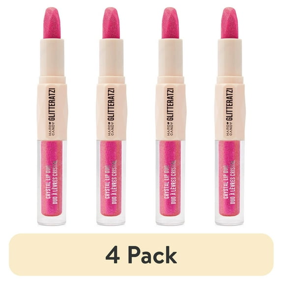 (4 pack) Hard Candy Glitteratzi Lip Duo, 2-in-1 Glitter Lipstick & High-Shine Gloss Duo, Pink Sapphire, Bright Fuchsia