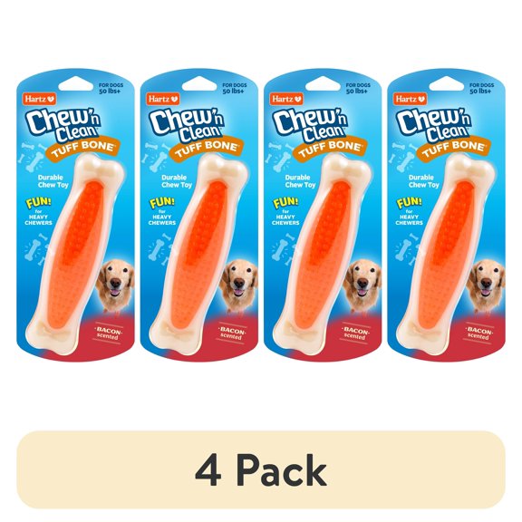 (4 pack) Hartz Chew 'n Clean Tuff Bone Dog Toy, Large, Color May Vary