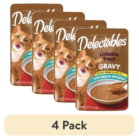 (4 pack) Hartz Delectables Gravy Lickable Wet Cat Treats, Tuna & Whitefish, 1.4 oz, Single