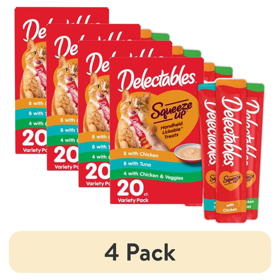 (4 pack) Hartz Delectables Squeeze Up Variety Packs Interactive Lickable Wet Cat Treats, 20 Count
