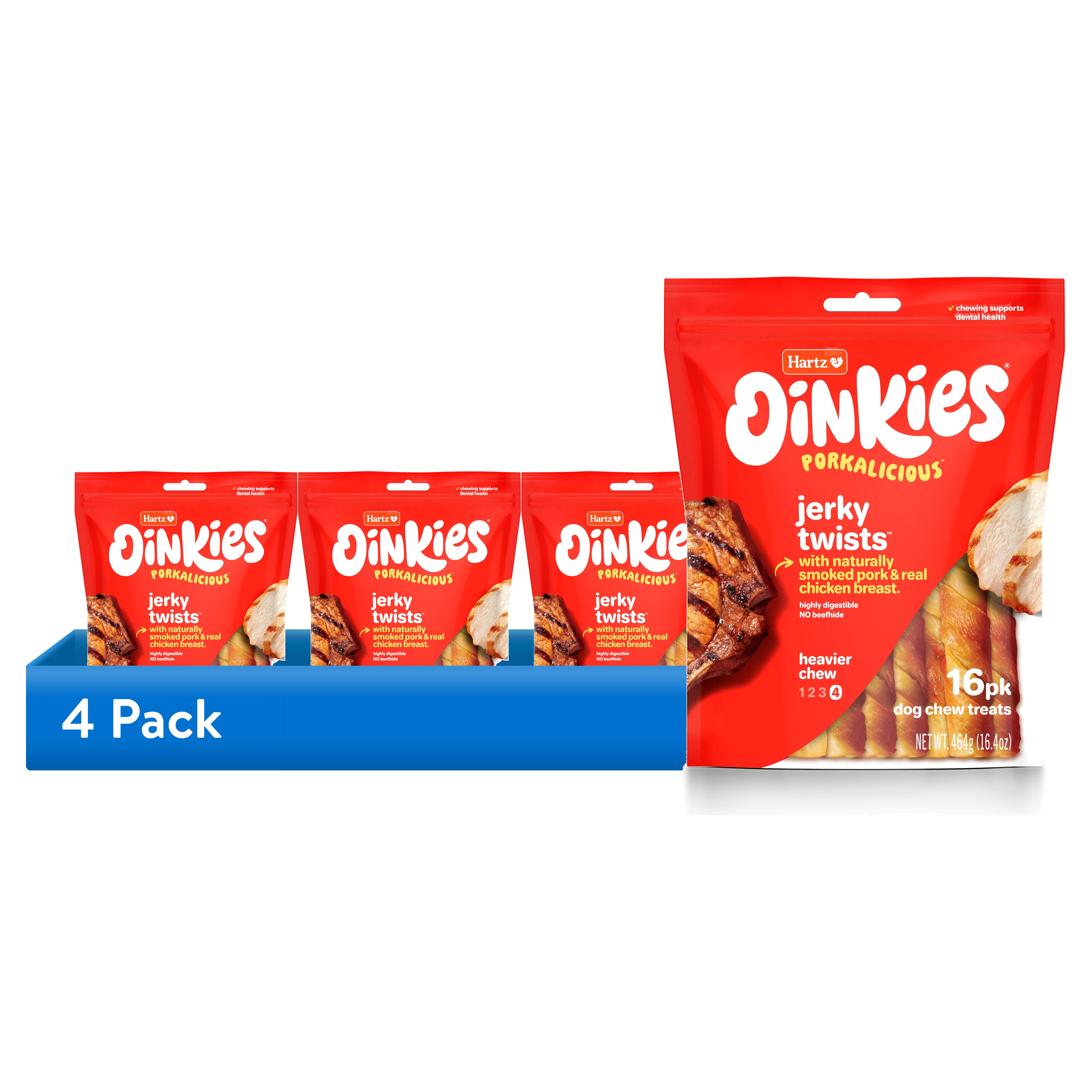 (4 pack) Hartz Oinkies Jerky Twists Chicken Wrapped Smoked Pig Skin Twists Dog Treats, Stick Treat (16 Count)