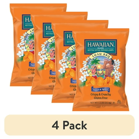(4 pack) Hawaiian Brand Luau BBQ Kettle Style Potato Chips, Gluten-Free, 7.5 oz Bag