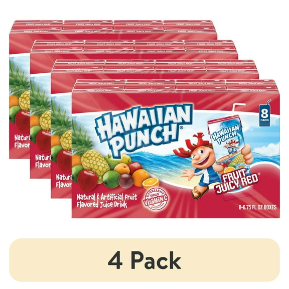 (4 pack) PR Hawaiian Punch Red Juice, 8 pack, 54oz, Shelf Stable, Light, Cardboard Box, Good for Kids