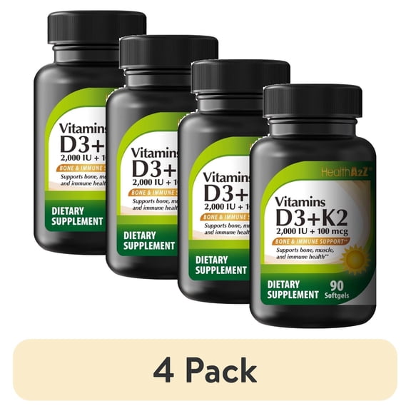 (4 pack) HealthA2Z Vitamin D3 + K2 | 2000 IU + 100 mcg | 90 Easy-to-Swallow Softgels | Clean Label, No Dyes | Bone, Muscle & Immune Support