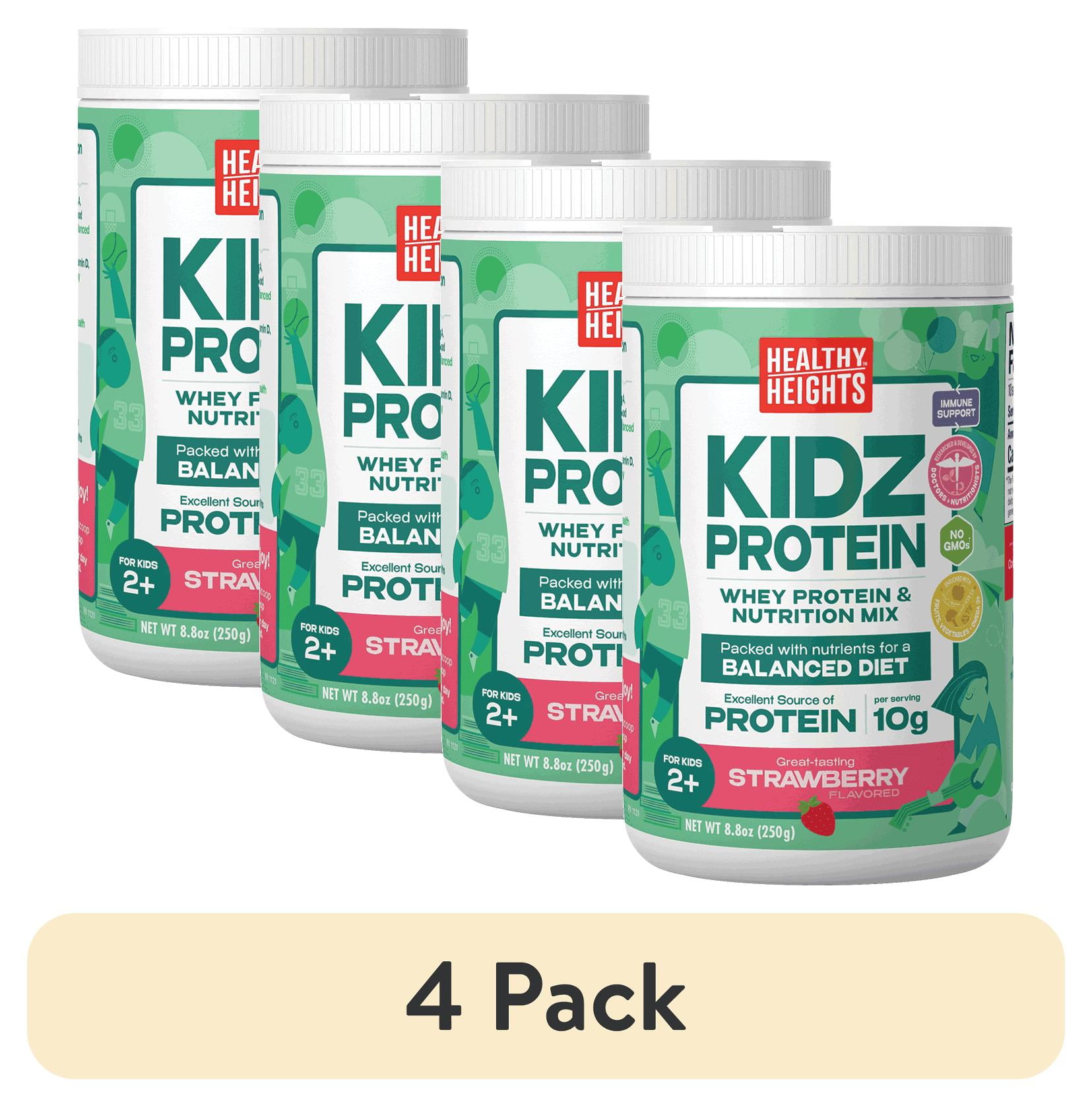 (4 pack) Healthy Heights KidzProtein, Shake Mix Powder, Strawberry, 10g Protein, 8.8oz