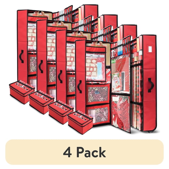 (4 pack) Hearth & Harbor Christmas Wrapping Paper Storage with Extra Christmas Storage Bins and Ribbon Storage Organizer, Gift Wrap Organizer with Wheels - Fits Up to 30 Rolls of 40", Red
