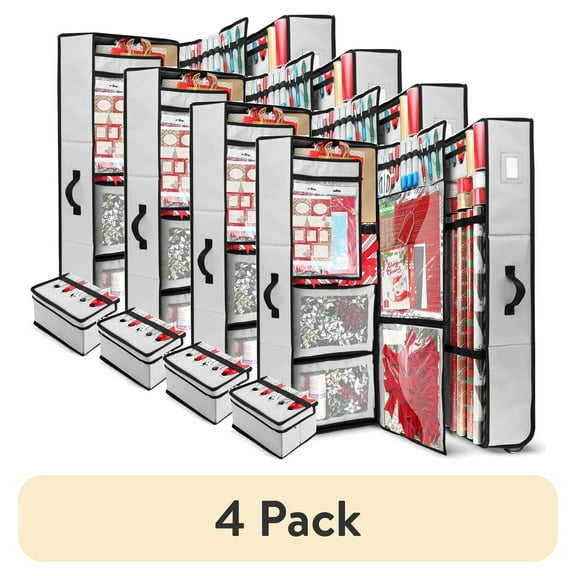 (4 pack) Hearth & Harbor Christmas Wrapping Paper Storage with Extra Christmas Storage Bins and Ribbon Storage Organizer, Gift Wrap Organizer with Wheels - Fits Up to 30 Rolls of 40", Silver