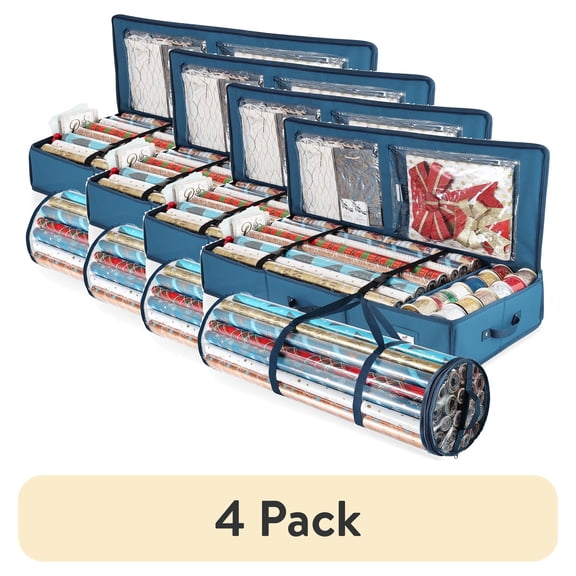 (4 pack) Hearth & Harbor Set of Holiday Christmas Wrapping Paper Storage Box and Wrapping Paper Storage Roll, Gift Wrap Organizer, Blue