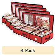 (4 pack) Hearth & Harbor Wrapping Paper Storage Container, Christmas Gift Wrap Storage Organizer with Interior Pockets - Fits Up to 22 Rolls of 40", Red