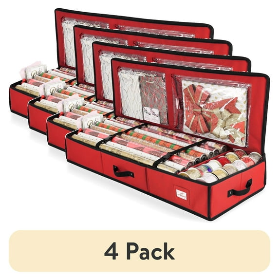 (4 pack) Hearth & Harbor Wrapping Paper Storage Container, Christmas Gift Wrap Storage Organizer with Interior Pockets - Fits Up to 22 Rolls of 40", Red