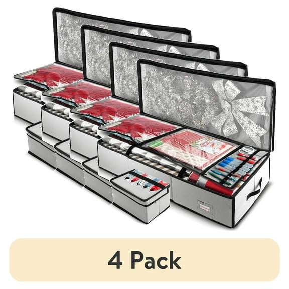 (4 pack) Hearth & Harbor Wrapping Paper Storage Container - Christmas Wrapping Paper Rolls Storage Box for Holiday Storage & Accessories - Gift Wrap Storage Organizer Box, Silver