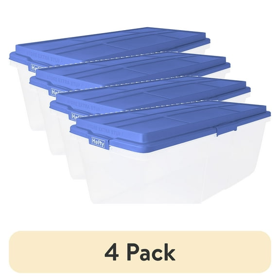 (4 pack) Hefty HI-RISE 113 Quart Large Latching Storage Bin, Clear Plastic Storage Container with Latch HI-RISE Lid, Blue
