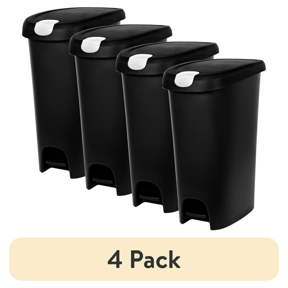 (4 pack) Hefty Kitchen Trash Can, 12 Gallon Plastic Slim Step Garbage Bin with Locking Foot Pedal Lid, Black