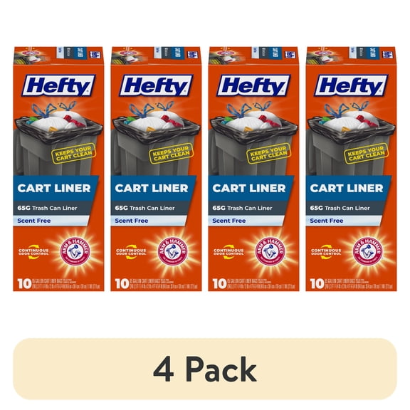 (4 pack) Hefty Cart Liner Trash Bags, 65 Gallon, 10 Bags (Scent Free, ARM & HAMMER Odor Control, Drawstring)