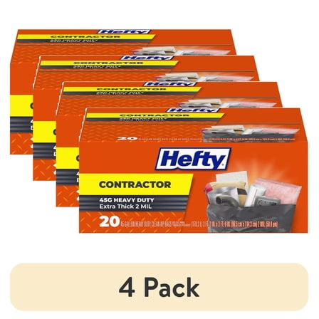 (4 pack) Hefty Heavy Duty Contractor Large Trash Bags, 45 Gallon, 20 Count