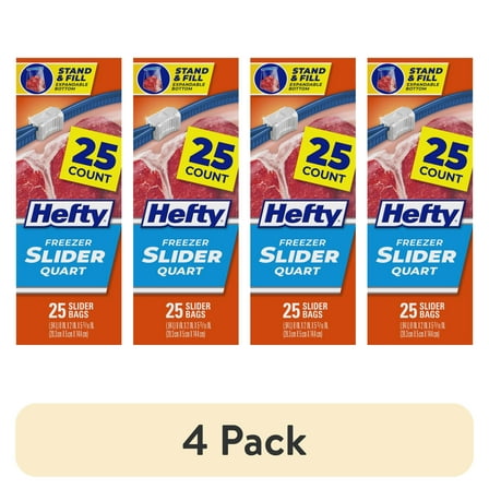 (4 pack) Hefty Slider Freezer Kitchen Storage Bags, Quart Size, 25 Count