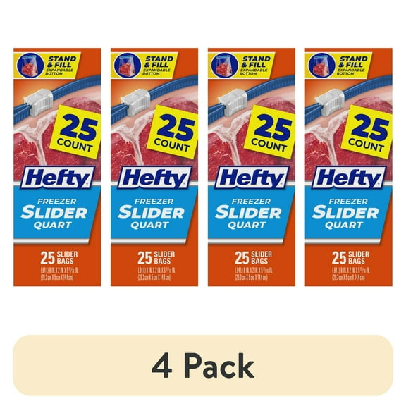 (4 pack) Hefty Slider Freezer Kitchen Storage Bags, Quart Size, 25 Count