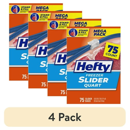 (4 pack) Hefty Slider Freezer Kitchen Storage Bags, Quart Size, 75 Count