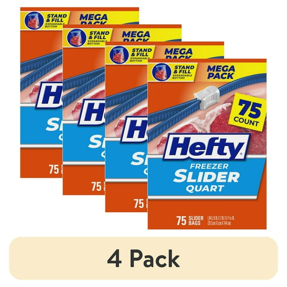 (4 pack) Hefty Slider Freezer Kitchen Storage Bags, Quart Size, 75 Count