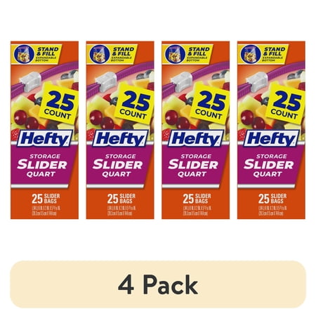 (4 pack) Hefty Slider Kitchen Storage Bags, Quart Size, 25 Count