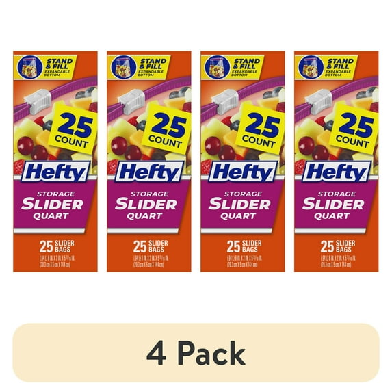 (4 pack) Hefty Slider Kitchen Storage Bags, Quart Size, 25 Count