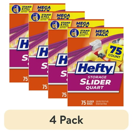 (4 pack) Hefty Slider Kitchen Storage Bags, Quart Size, 75 Count