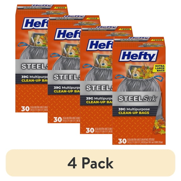 (4 pack) Hefty Steelsak Heavy Duty Large Trash Bags, Gray, Unscented, 39 Gallon, 30 Count