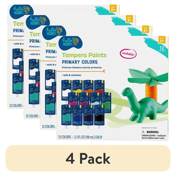 (4 pack) Hello Hobby Washable Tempera Paint Set, Safe & Nontoxic, 12X98mL pouches, 12 Different Colors