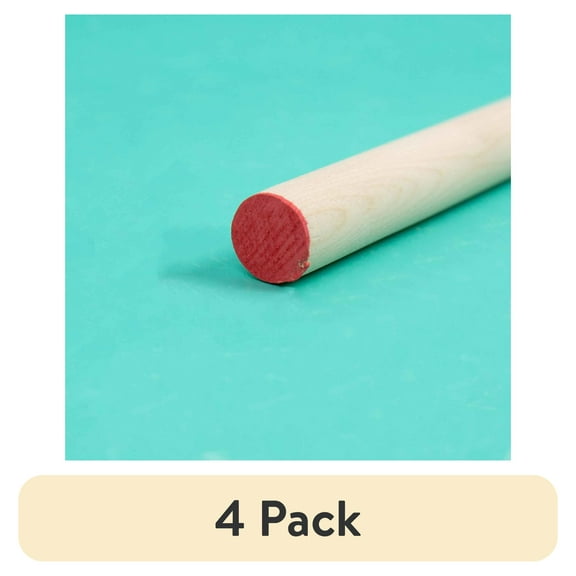 (4 pack) Hello Hobby Wood Dowel, 36” Long, 5/8-inch Diameter, Red Ends