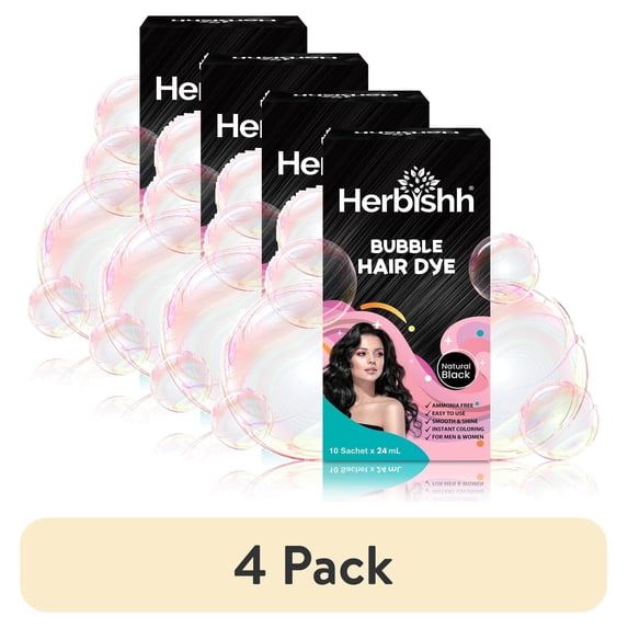 (4 pack) Herbishh 3-in-1 Bubble Foam Hair Dye Shampoo, Black, 10 Sachets x 24ml, Ammonia-Free, Long-Lasting Color for Men & Women