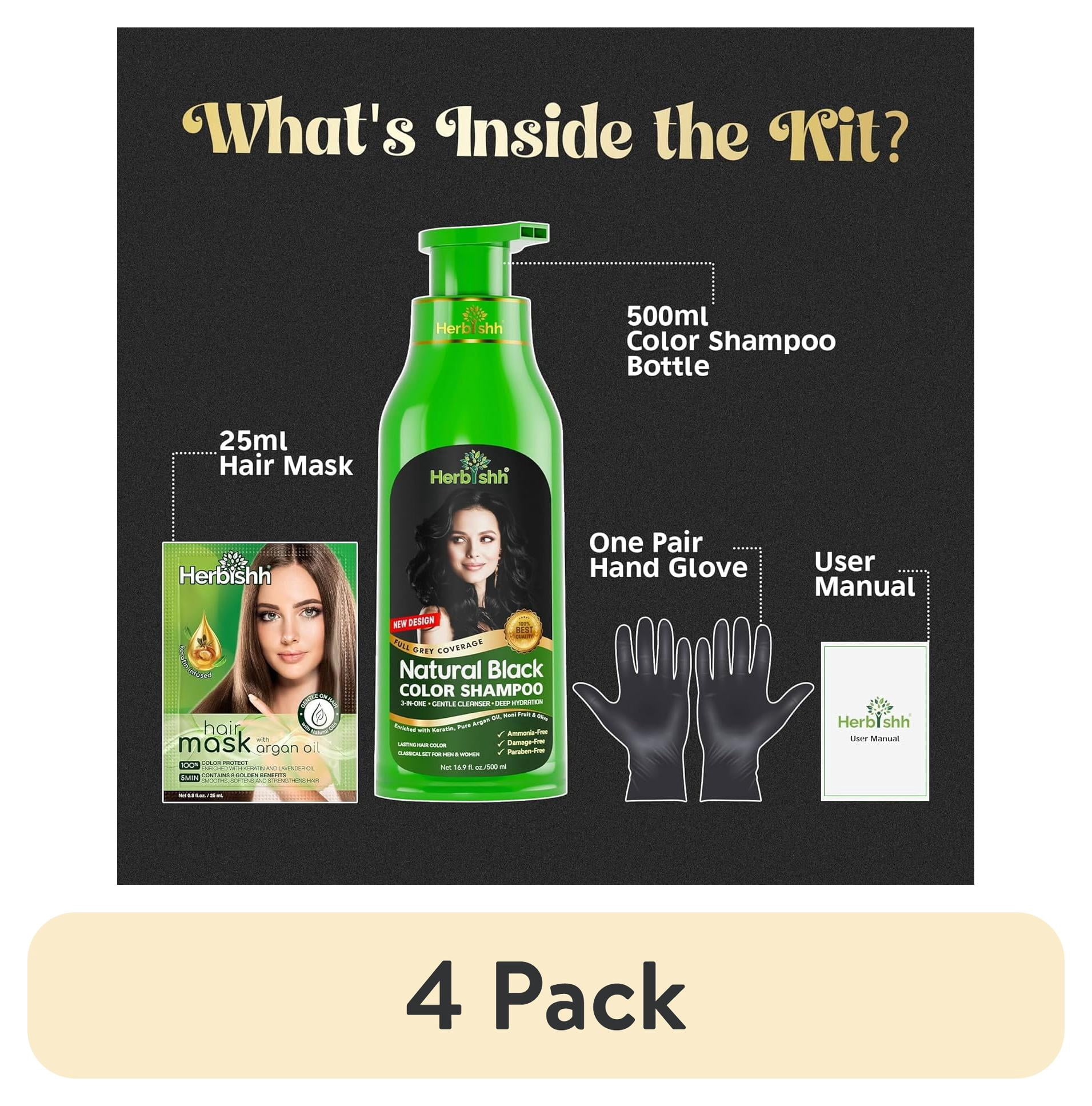 (4 pack) Herbishh Black Hair Color Shampoo for Gray Hair, Hair Dye Shampoo 3 in 1, 100% Gray Coverage, Permanent Hair Color for Men & Women, Ammonia-free, 400 ml