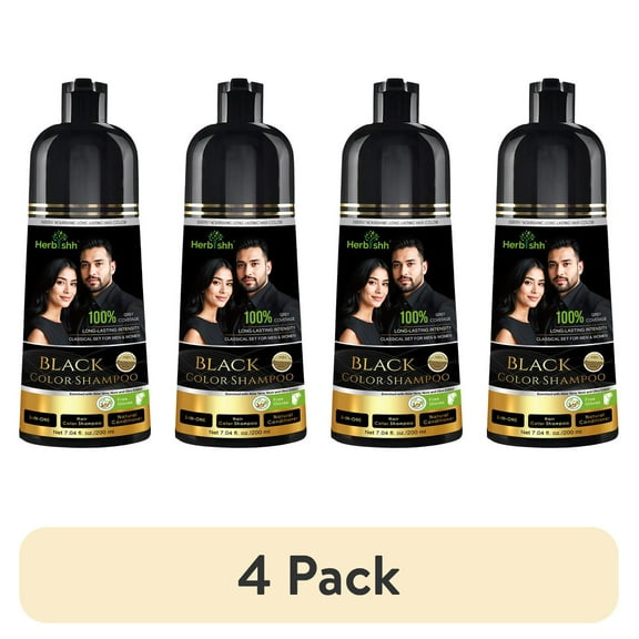 (4 pack) Herbishh Black Shampoo, Hair Dye Shampoo 3 in 1, 100% Grey Coverage, Demi-Permanent Hair Color for Men & Women, With Eyelash Enhancing Serum Combo