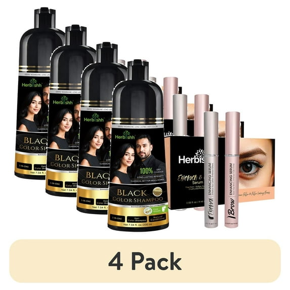 (4 pack) Herbishh Black Shampoo, Hair Dye Shampoo 3 in 1, 100% Grey Coverage, Demi-Permanent Hair Color for Men & Women, With Eyelash & Eyebrow Enhancing Serum Combo