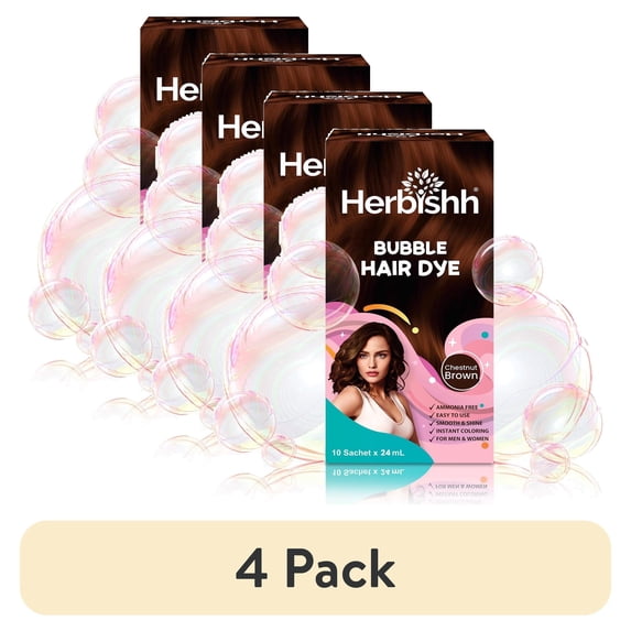 (4 pack) Herbishh Bubble Foam Hair Dye Shampoo, 3-in-1 Permanent Hair Color, 100% Gray Coverage, Ammonia-Free, Travel-Friendly, 10 Sachets x 24ml - Chestnut Brown