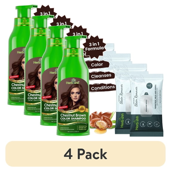 (4 pack) Herbishh Chestnut Brown Hair Color Shampoo for Gray Hair with Pack 2 Hair colour stain remover, Hair Dye Shampoo 3 in 1, 100% Gray Coverage, Permanent Hair Color for Men & Women, Ammonia-free, 500 ml