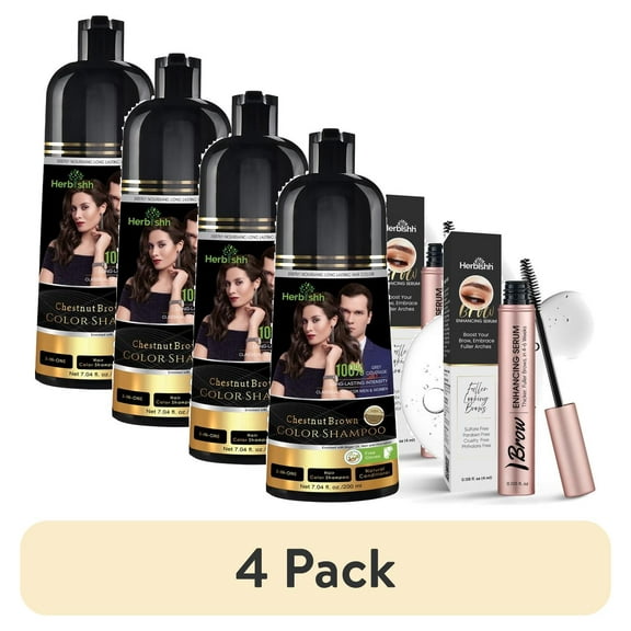 (4 pack) Herbishh Chestnut Brown Shampoo, Hair Dye Shampoo 3 in 1, 100% Grey Coverage, Demi-Permanent Hair Color for Men & Women, With Eyebrow Enhancing Serum Combo