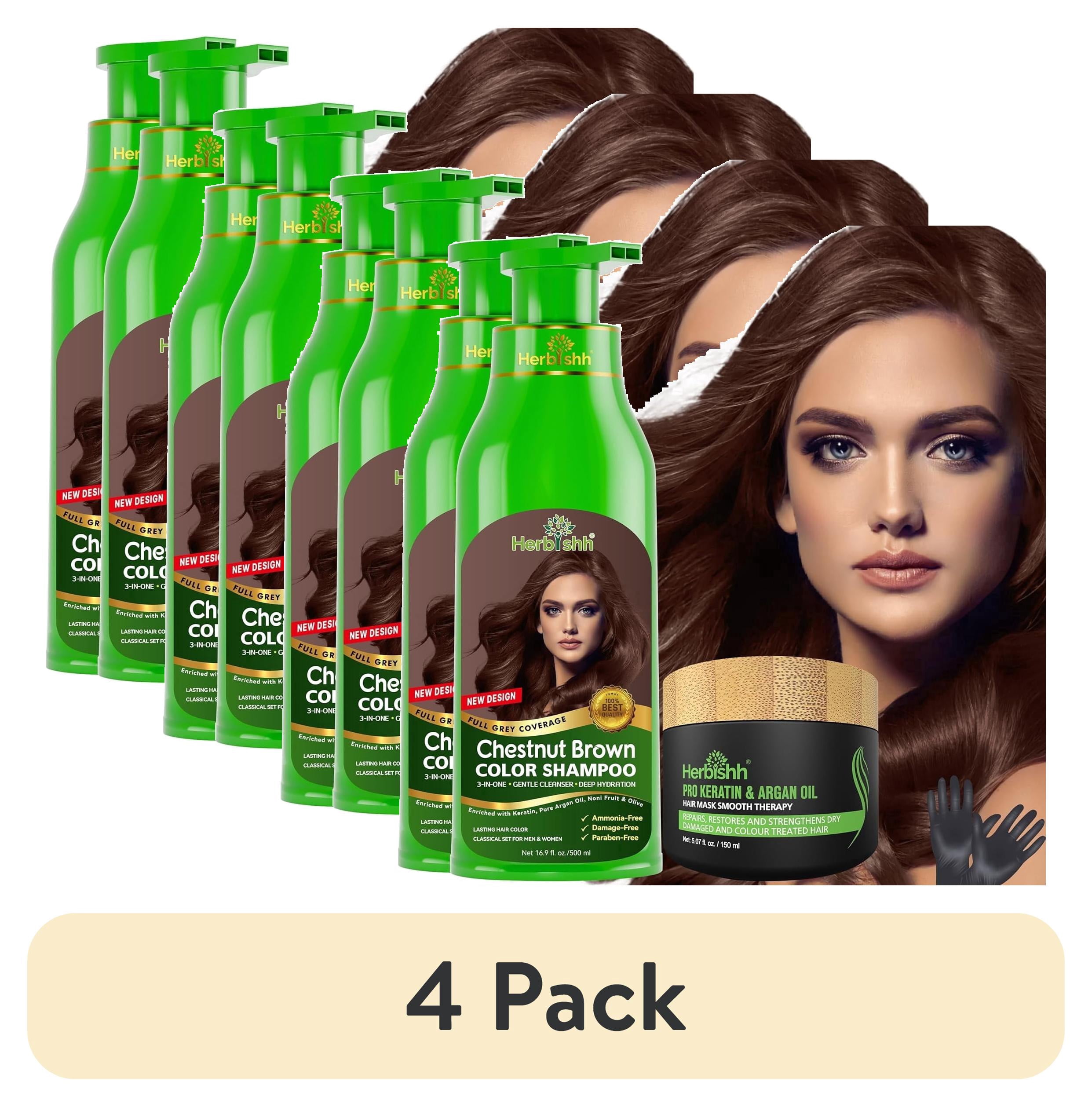 (4 pack) Herbishh Ultimate Hair Color Kit (2 Shampoos + 1 Argan Mask) for Grey Hair - Permanent, Long-Lasting, Easy to Apply for Men and Women (Chestnut Brown)