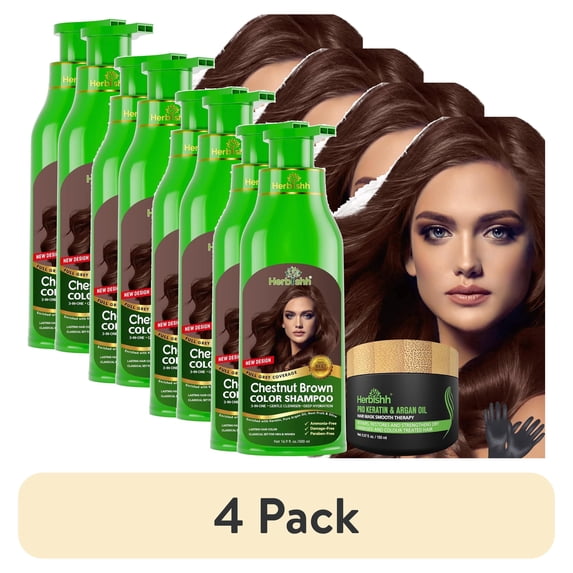 (4 pack) Herbishh Ultimate Hair Color Kit (2 Shampoos + 1 Argan Mask) for Grey Hair - Permanent, Long-Lasting, Easy to Apply for Men and Women (Chestnut Brown)